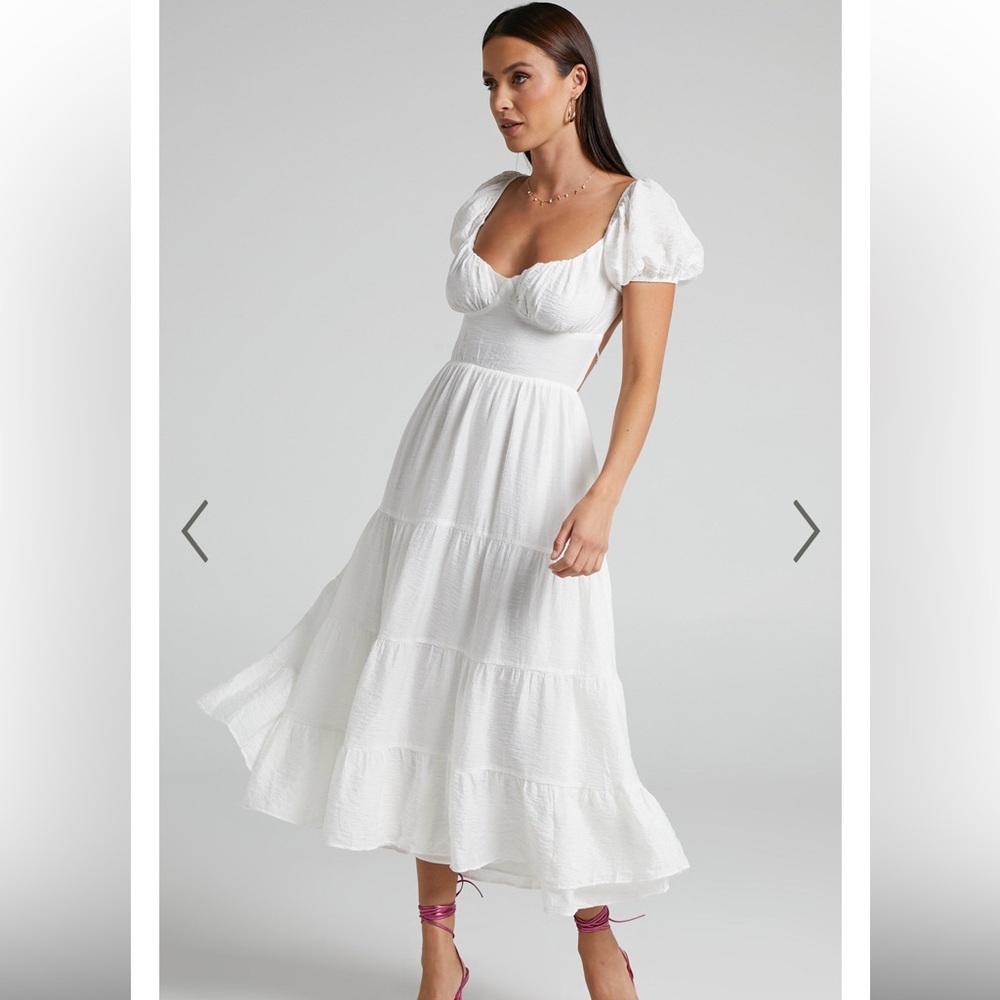 NWT - Showpo ANITA MIDI DRESS - PUFF SLEEVE TIERED DRESS IN WHITE